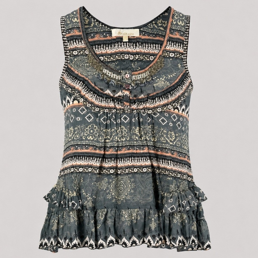 Vintage Solitaire Boho Beaded Tank Top M Sheer Ruffle‎ Festival Y2K Hippie